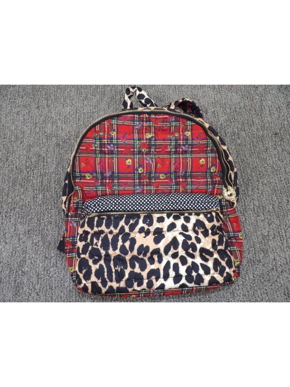 Betsey Johnson Plaid & Leopard Print Backpack With Gold Accents Polka Dot Detail